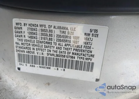 2005 Honda Odyssey Lx from USA, damaged, VIN 5FNRL38205B107984